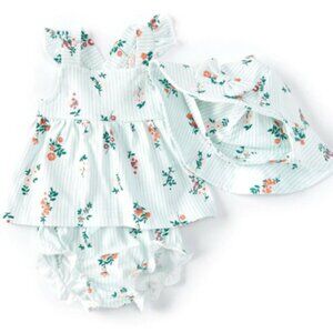 Starting Out Blue & White Striped 3PC Set, Floral Pattern, Shirt, Bloomers, Hat